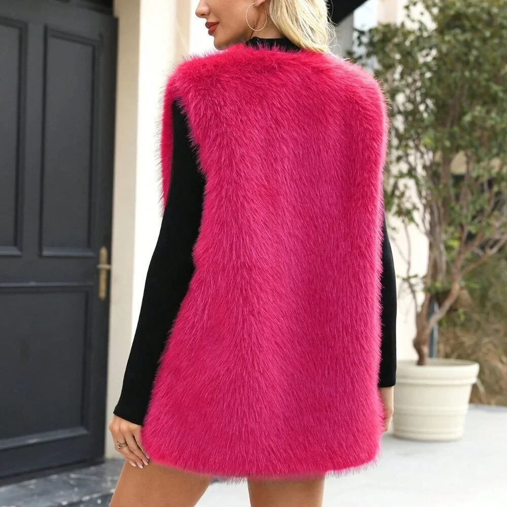 Hot Pink Casual Women's Sleeveless Faux Fur Coat with Contrast Trim Reg Length